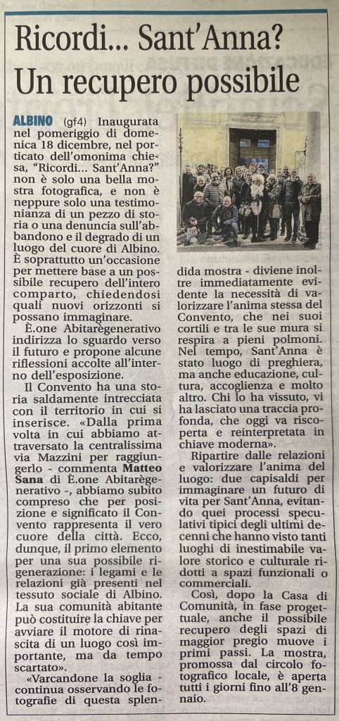 Articolo Prima Bergamo 23/12 Recupero Convento Sant'Anna.